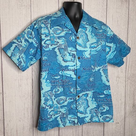 VTG 60s 70s Island Fashions Hawaiian Shirt - Map Print - Aloha Shirt - sz Large - Picture 2 of 10